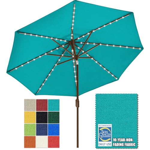 USA 10-Year-Non-Fading 9ft Market Patio Umbrella, Commercial Grade Table Sun Umbrella with 80 Solar LED Lights, Crank Open, Windproof & UPF 50+ UV Protection for Garden, Deck, Pool, Backyard, Teal