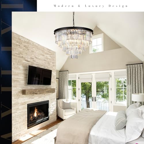 Large Crystal Chandelier Modern Black 30" Round Light Fixture Staircase
