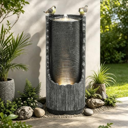 32" Faux Stone Outdoor Water Fountain with LED Lights