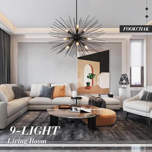 32in Black Sputnik Chandelier Solid Metal Starburst Light Fixture 9 Light