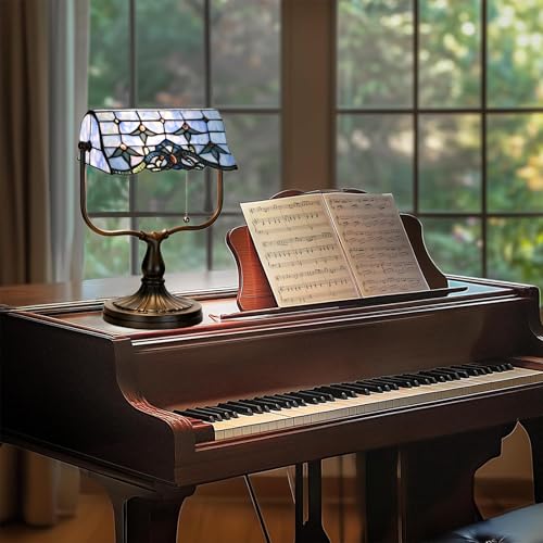 TL0031 Tiffany Banker Desk Lamp Stained Glass Blue Baroque Shade with Vintage Bronze Base W10.25 X OH13 Inch. Perfect for Piano Kitchen Beside Table
