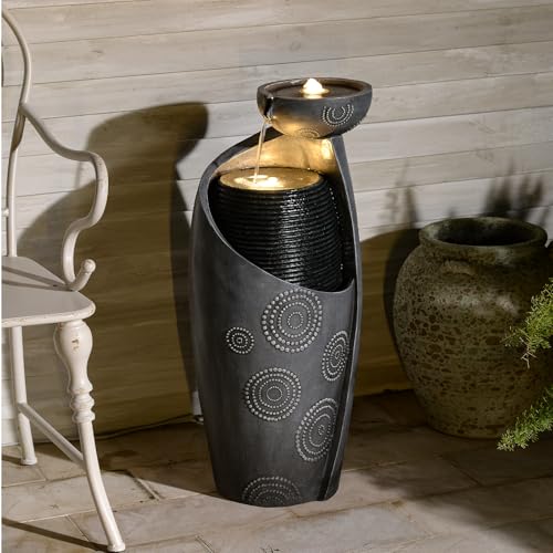 Outdoor Water Fountain Feature Indoor Garden Large Jar Floor Standing Fountains Waterfall with LED Light & Pump for Home Decor Office Yard Patio Deck Porch