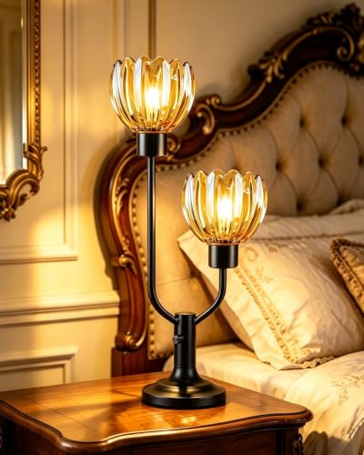 Mid Century Modern Flower Black Table Lamp for Bedroom Dimmable