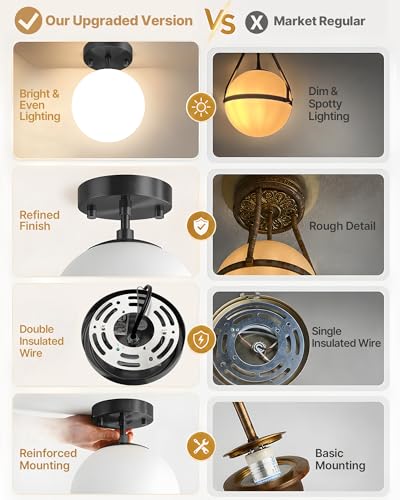 Semi Flush Mount Ceiling Light 6" Globe Mid Century Modern Light Fixture Milk Glass with Matte Black Finish Light Fixtures for Hallway Entryway Kitchen Island Closet Laundry Bathroom