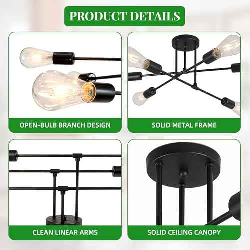 Black Sputnik Chandelier 6 Light, 22" Mid Century Modern Ceiling Light Fixture, Industrial Semi Flush Mount for Dining Room Bedroom Kitchen, E26 Base