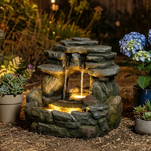 15.6" H Small Garden Outdoor Rock Water Fountain with LED Lights