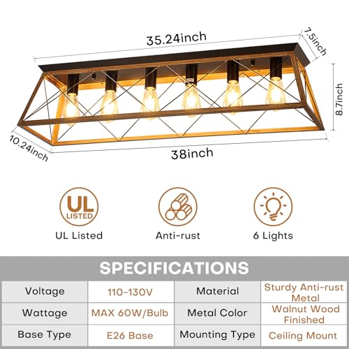 38” Farmhouse Large Flush Mount Ceiling Light Fixture with Walnut Finish