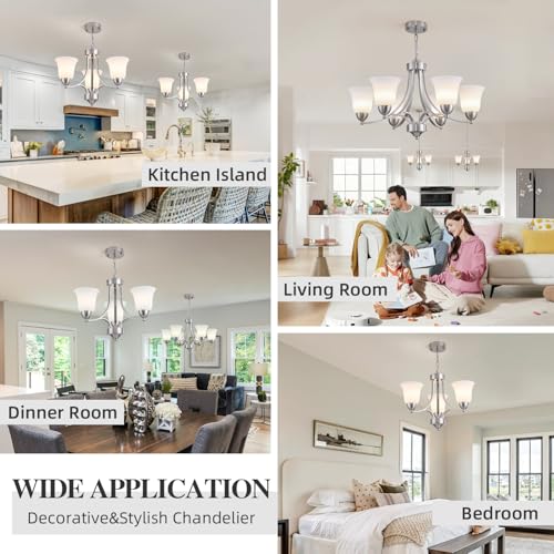 3 Lights Farmhouse Chandelier Brushed Nickel Modern Dining Room Light Fixture Silver Adjustable Ceiling Hanging Pendent Lighting with Frosted Glass for Kitchen Island