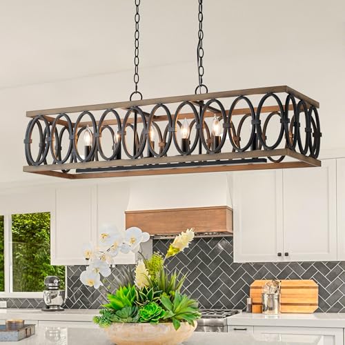L39.4 Rustic Farmhouse Rectangle Chandelier for Dining Room Kitchen Island Lights Cage Pendant Light Fixture Black and Brown Metal Hanging Lighting Retro Vintage Linear Chandeliers 6