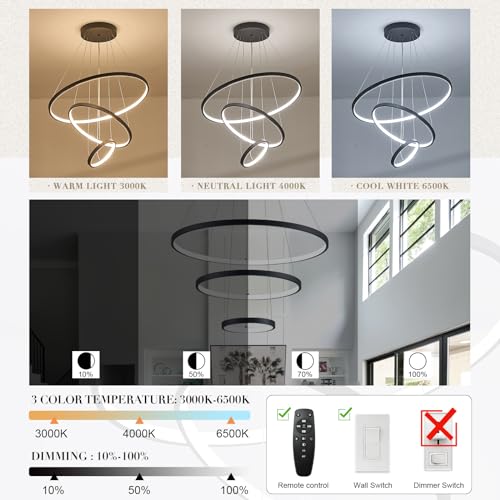 Modern LED Chandeliers 3 Rings Black Chandelier Dimmable LED Pendant Light Fixture Remote Control Contemporary Flush Mount Chandelier for Dining Room Bedroom Foyer