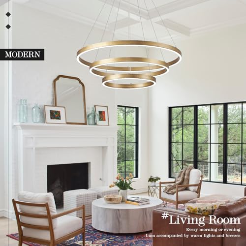 LED 3 Ring Chandelier Gold Brass Dimmable Modern Pendant Light