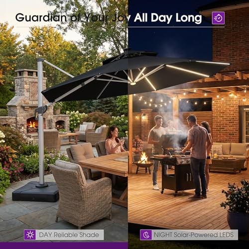 Patio Umbrella with Base 13ft Solar LED Light Double Top