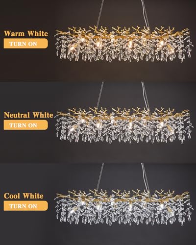 Tree Branch Chandelier Modern Gold Crystal Chandeliers 14 Lights Rectangular 47.2" Hanging Pendant Light Fixture for Kitchen Island Living Room Dining Room Foyer Entryway