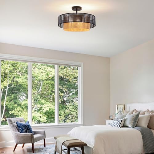 Black Boho Wicker Ceiling Light Fixture