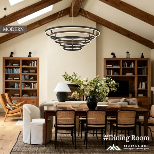 5 Ring LED Chandelier Modern Chandeliers Walnut Wood Black Dimmable 31''