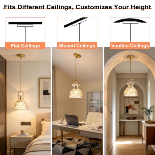 Gold Pendant Light Kitchen Island 9.84'' Striped Amber Glass Shade (2 Count)