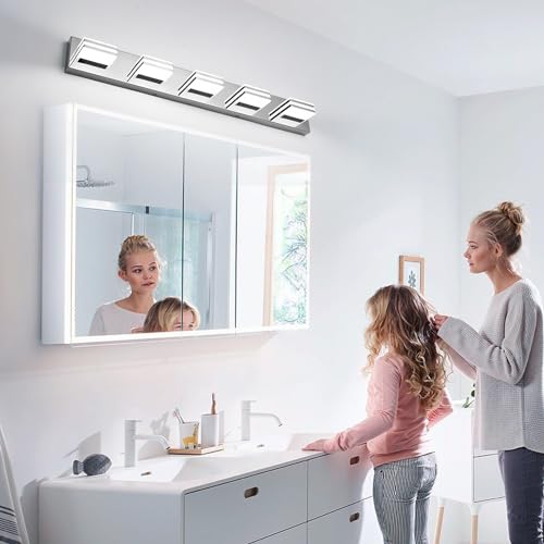LED Vanity Lighting 30W Lights for Mirror 5 Light Bath Wall Lamps 34 Inch Bathroom Sink Lights over Vanity Modern Long Bath Lights Bars Chrome Wall Sconces Light for Bathroom Restroom 6000K