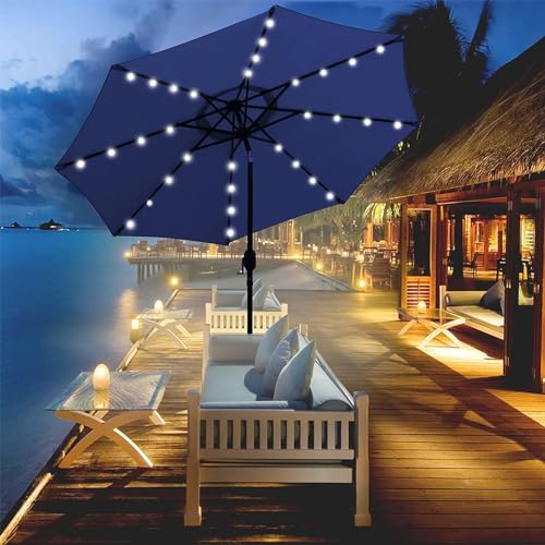 9 ft Solar Umbrella 32 LED Lighted Patio Umbrella Table Market Umbrella with Tilt and Crank Outdoor Umbrella for Garden