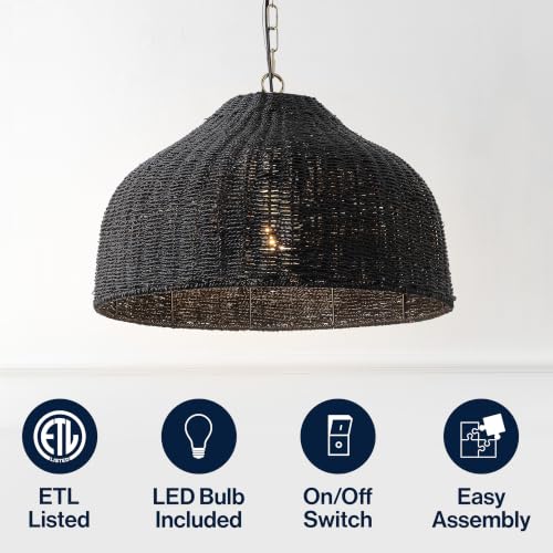Eliza 20" Bohemian Black & Brass Gold Woven Rattan Dome Pendant