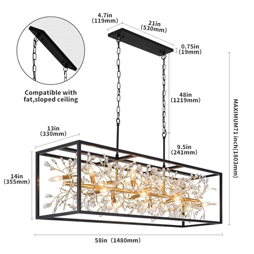 Modern Black and Gold Rectangle Crystal Chandelier for Dining Room