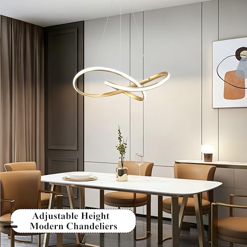 30" Gold Modern LED Chandelier Large Irregular Ring Pendant Lighting Adjustable Hanging Light Fixture Modern Dimmable Remote Control Pendant Lights for Living Room Dining Room Entryway