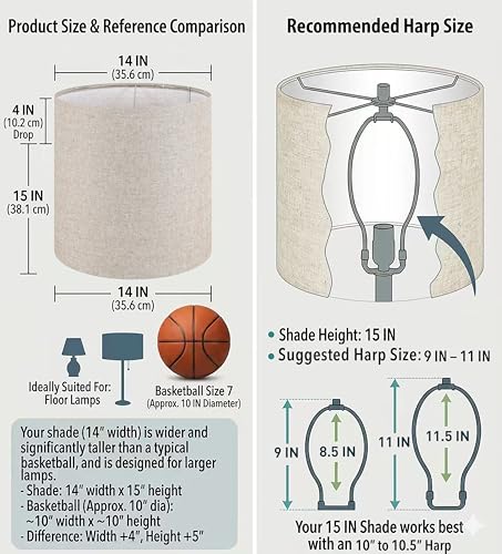 Large Tall Drum Lamp Shade Set of 2 Oatmeal Linen Lampshades for Floor Lamps and Table Lamps 14 x 14 x 15 Inch (2 Count)