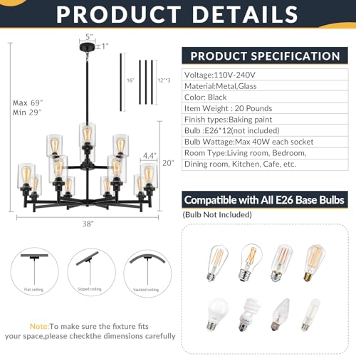 2-Tier 12-Light Large Black Farmhouse Chandeliers for Living Dining Room