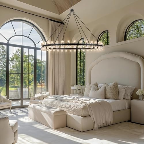 70 Inch Black Wagon Wheel Chandelier with Crystal Shade