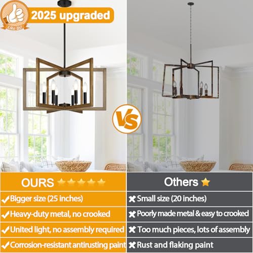 25" 61" Height Adjustable Retro Wood Texture Chandelier for Dining Room