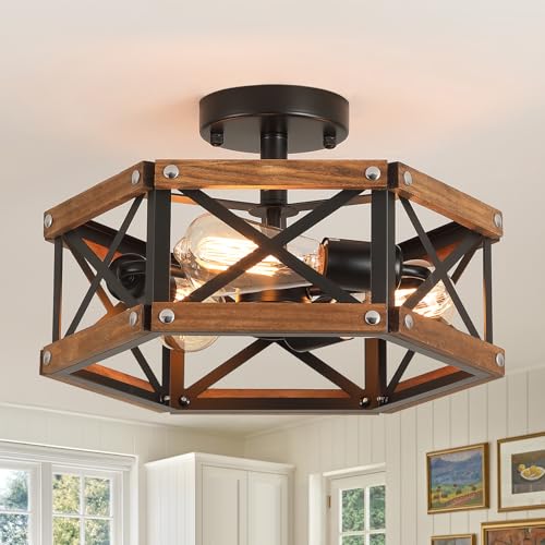 3 Light Rustic Farmhouse Wood Flush Mount Ceiling Light Fixture 14.5 inch Oak Wood and Metal Hexagon Cage Semi Flush Mount Ceiling Light for Hallway Hall Entry Bedroom Kitchen Farmhouse