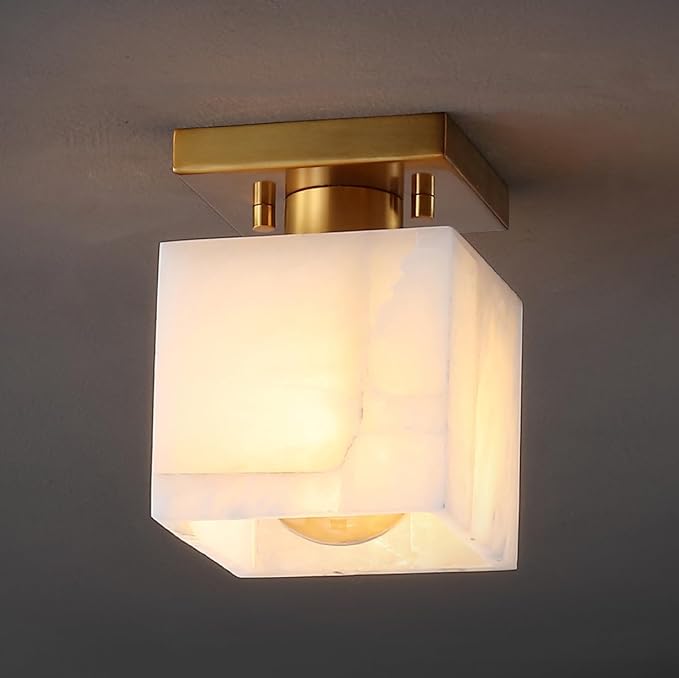 JONATHAN Y 5" White Marbling/Brass Gold Modern 1-Light Semi Flush Mount Ceiling Light for Bedroom, Cube White Alabaster Marble Shade, Mid-Century Minimalist Fixture, LED Bulb Included JYL1202A