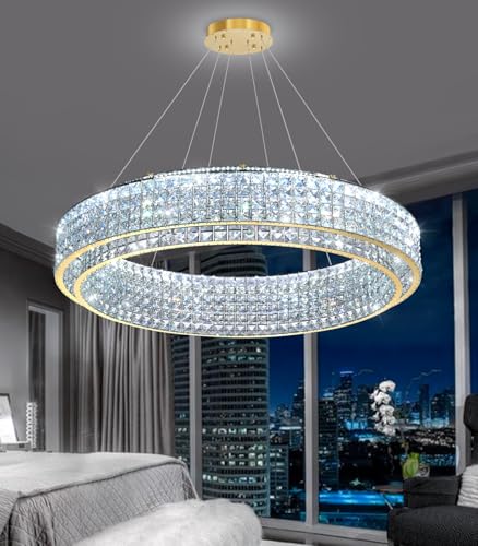 W40 Modern Chandeliers for Living Room LED Dimmable Pendant Lighting High Ceiling Chandelier for Dining Room Foyer Hallway Crystal Rectangle Light Fixtures Gold