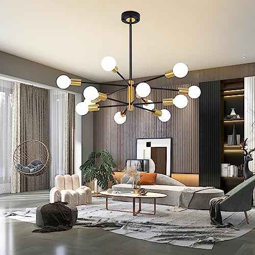 12-Light Modern Sputnik Chandelier, Mid Century Black Gold Ceiling Chandeliers, E26 Base,Branch Height Adjustable Pendant Lighting Fixture for Kitchen Island Dining Room Living Room Bedroom