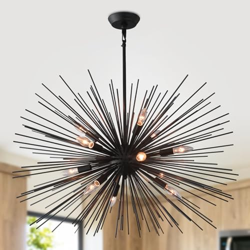 33.8in 12 Light Black Sputnik Chandelier Modern Geometric Starburst