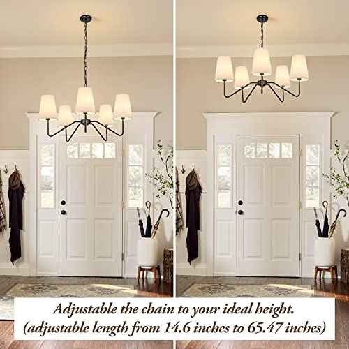 5-Light 30” Modern Chandelier with White Shades, Classic Pendant Ceiling Light Fixture for Dining Room, Black Chandelier with E12 Base Hanging Lamp for Living Room Hallway Bedroom, Height Adjustable