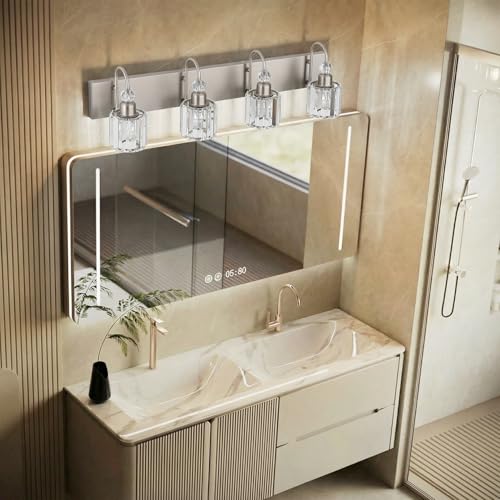 4 Light Crystal Vanity Light for Bathroom Brushed Nickel Modern Bathroom Light Fixtures