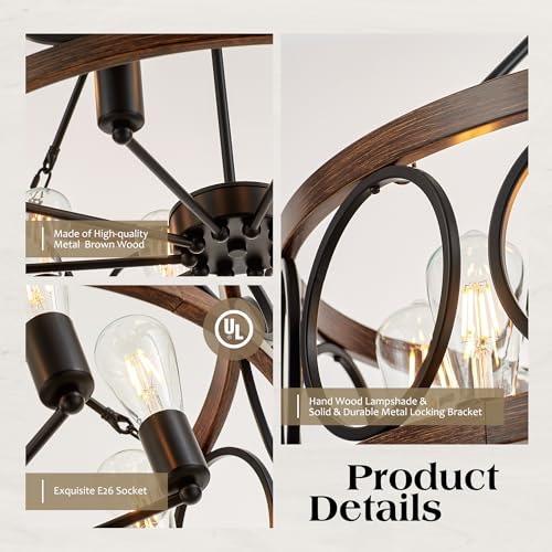 10 Light Farmhouse Drum Wood Pendant Light