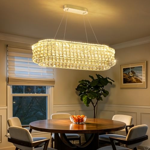 L32 x W12 Modern Chandeliers for Dining Room LED Dimmable Pendant Lighting Ceiling Chandelier Crystal Rectangle Light Fixtures Gold