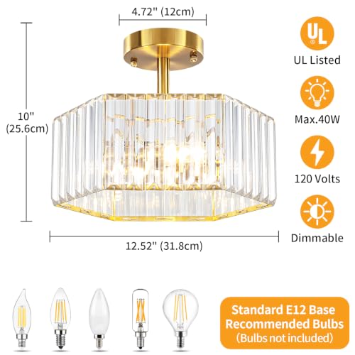 3 Light Crystal Semi Flush Mount Ceiling Light Gold Hallway Light Fixture