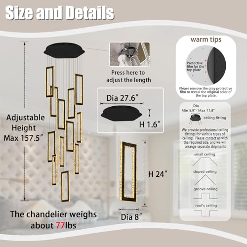 H158 Modern Chandelier 12 Rings Black Chandelier Lighting Fixture High Ceiling Chandelier Suitable for Living Room Staircase Villa