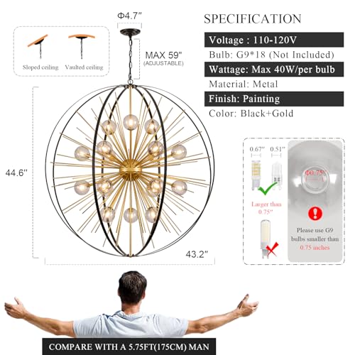 43.2" 18 Light Black Gold Sputnik Chandelier with Smoke Glass Shade