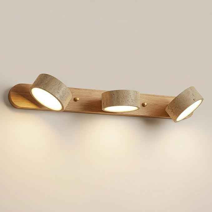 Travertine Vanity Light, 300° Swivel Japandi Ash Wood LED Wall Sconce, Natural Stone Mirror Lighting Fixtures, 20" 3-Light Modern Rustic Wall Lamp for Bathroom & Bedroom (110V)