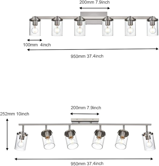 BONLICHT Transitional 6-Light Glass Track Lighting Kit Directional Ceiling Spot Light Brushed Nickel Modern Bathroom Vanity Wall Lights for Kitchen Living Room Office, Flexibly Rotatable Light Head - Aura Lighting