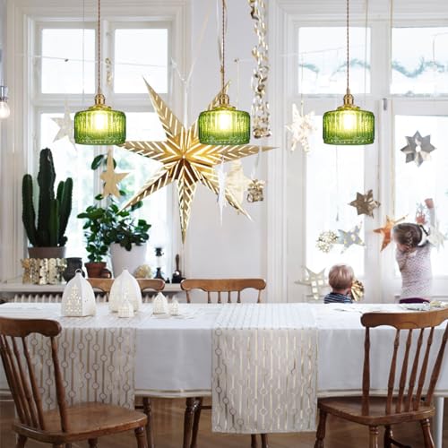 Lighting Green Pendant Light Mid Century Modern Hanging Light with Green Striped Glass Shade Vintage Kitchen Island Pendant Lights Gold Ceiling Pendant Light for Dining Room Bedroom