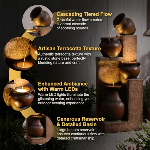 50H Water Fountain Outdoor with 5Tiers Modern Cascading Jar and Stacked Water Fountain with LED Lights for Patio