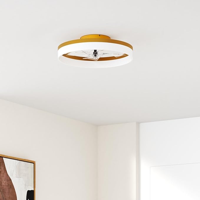 VOLISUN Low Profile Ceiling Fans with Lights and Remote, 19.7in Fandelier Ceiling Fan Flush Mount, 3000K-6500K Smart Bladeless LED Fan Light, Gold Modern Ceiling Fans with Lights for Bedroom - Aura Lighting