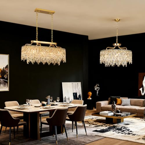 32" 10 Light Modern Oval Gold Crystal Chandeliers for Dining Room