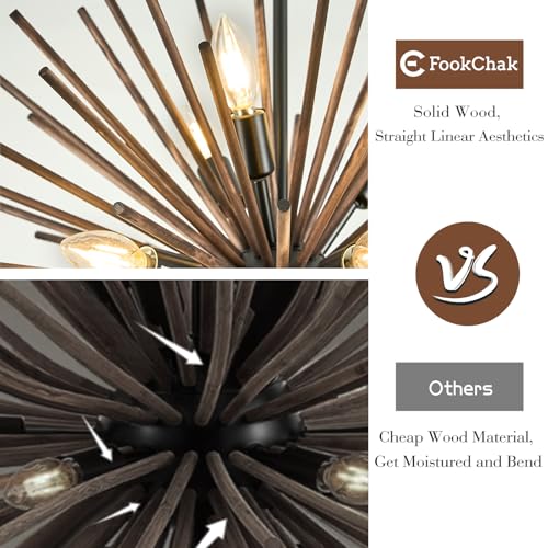 Black Wood Sputnik Chandeliers 12 Light Starburst Light Fixture Solid Wood