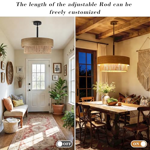 19.6" Large Wood Texture Drum Chandelier for Dining Room with Woven Rattan