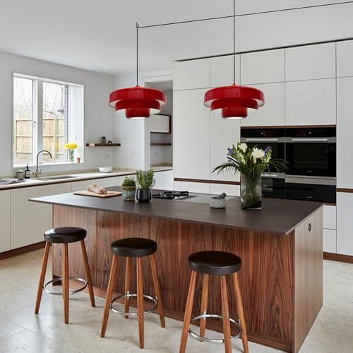 Hanging Lamp Plug in Red Pendant Light Fixtures Mid Century Modern Pendant Lamp Nordic Style Pendant Lighting Metal Shade for Living Room Dining Room Bedroom Kitchen Island